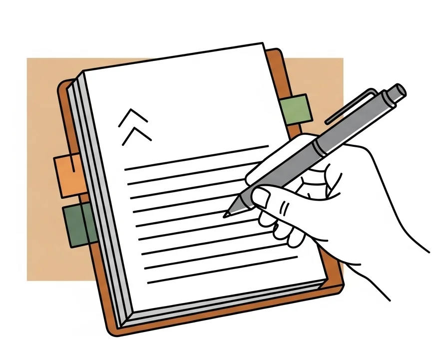 Notebook with pen writing on paper, showing file being created or appended