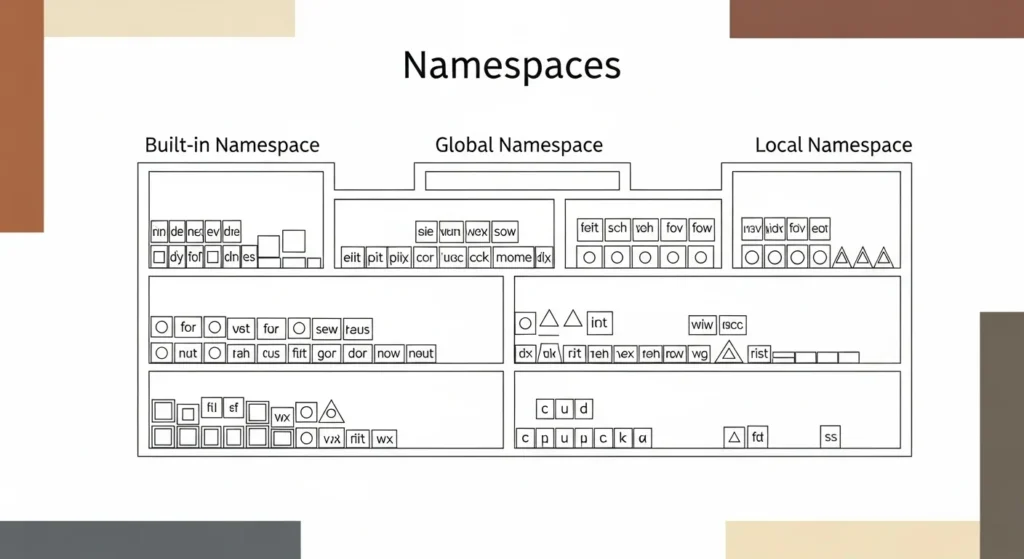 Organized labeled shelves representing Python namespaces, clean minimalist illustration