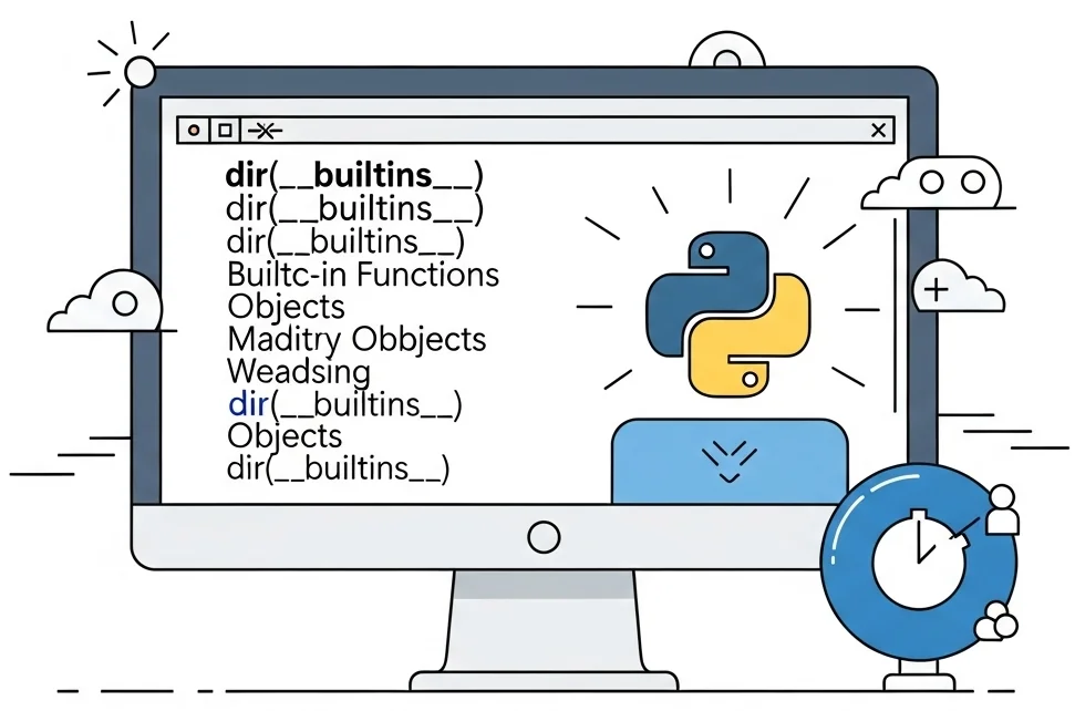 Computer screen displaying a long list of Python built-in functions and objects from dir(__builtins__) command