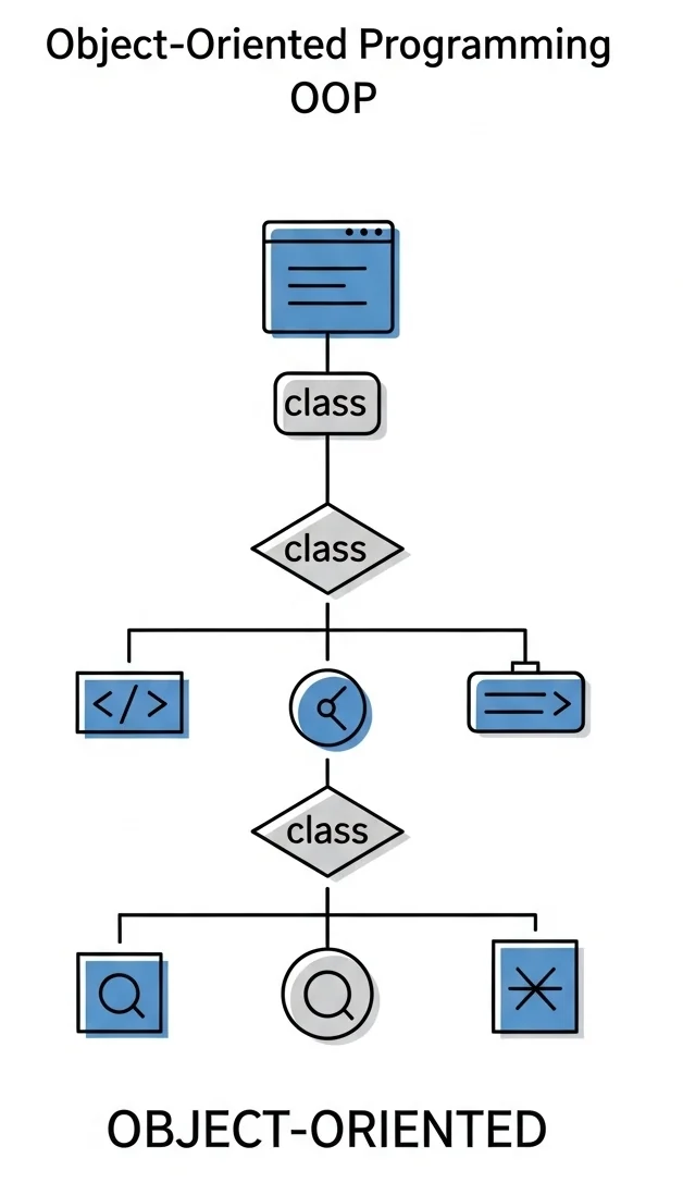 Object Oriented Programming concept with interconnected classes and objects in a structured hierarchy