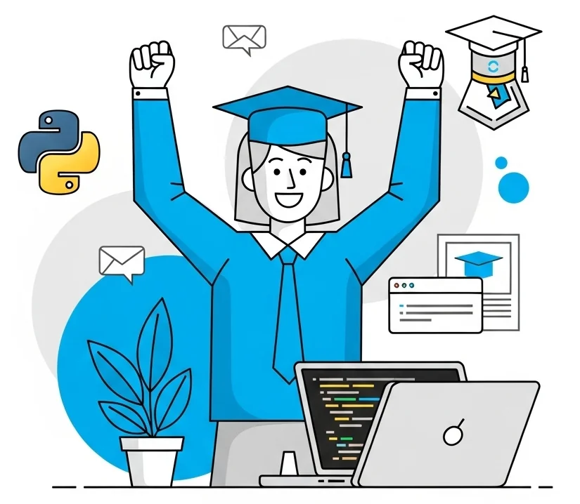 Python coding student celebrating success with laptop showing list code
