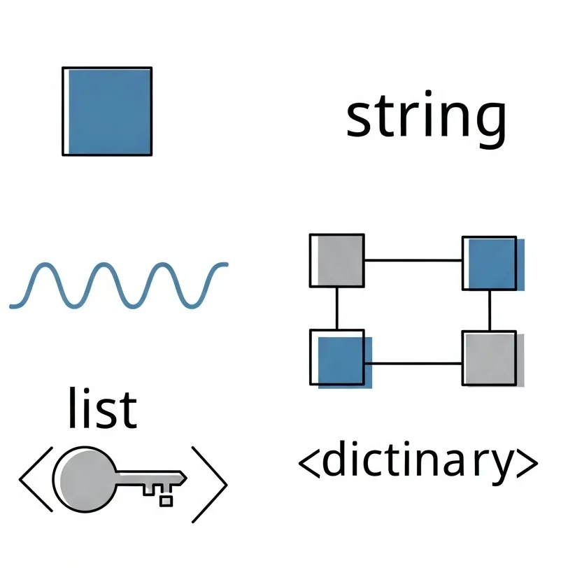 Different Python data types visualization with integers, strings, lists, and dictionaries shown as colorful abstract objects