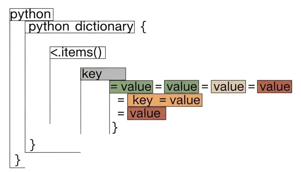Python code showing items() method with key-value pairs highlighted