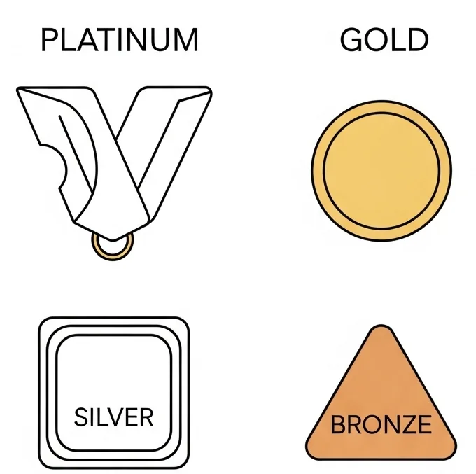 捐贈等級判 Donation tiers with platinum, gold, silver, and bronze medals
