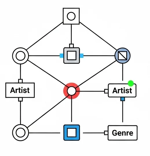 Music recommendation system showing related artists and genres connections in a network diagram