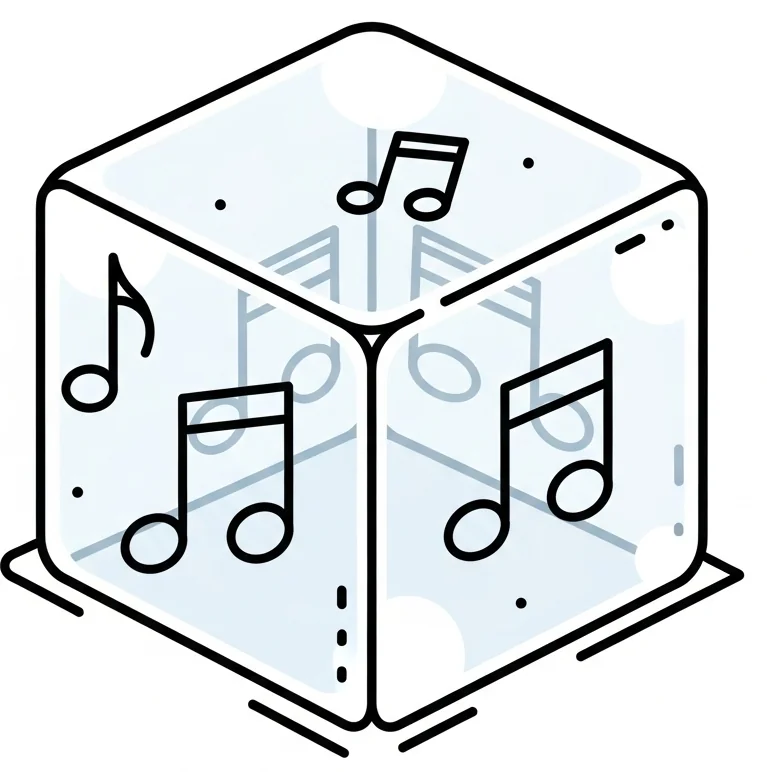 A frozen crystal cube containing musical notes representing immutable frozenset in Python