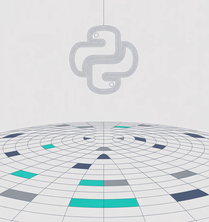 Python programming language logo floating above a set of unique colorful elements organized in a circular pattern