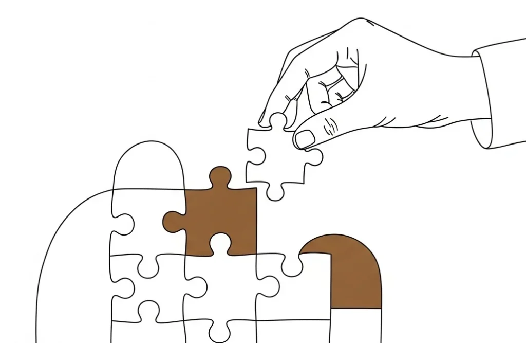 Person removing a puzzle piece from a structure, conceptual illustration for deleting dictionary elements