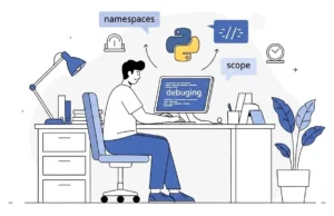 Programmer debugging Python code with namespaces and scope visualization tools
