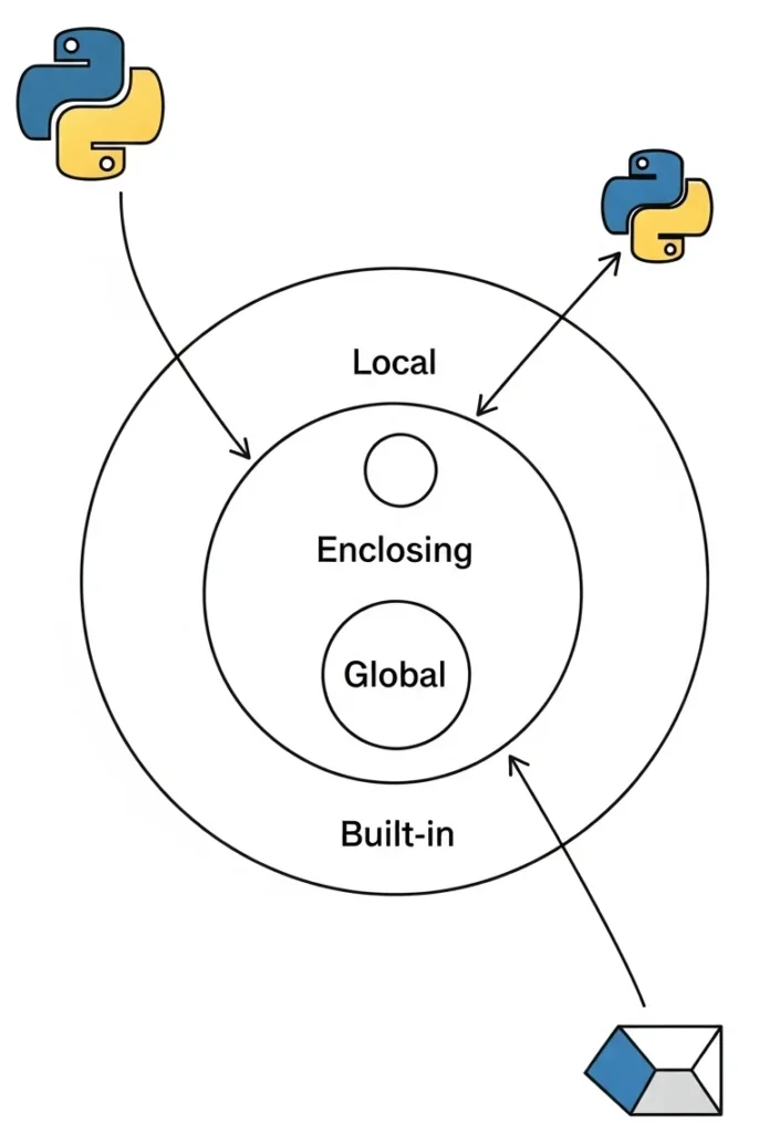 A diagram showing nested circles representing different scopes in Python, with arrows indicating access patterns between Local, Enclosing, Global, and Built-in scopes