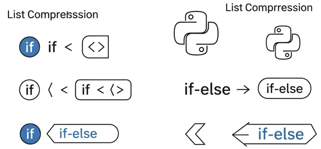 Python list comprehension syntax diagrams with if and if-else conditions