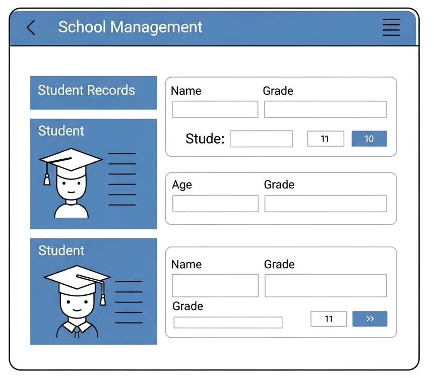 School management system interface showing student records with names, ages, and grades fields