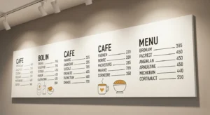 Cafe menu board with prices displayed next to food items, soft lighting