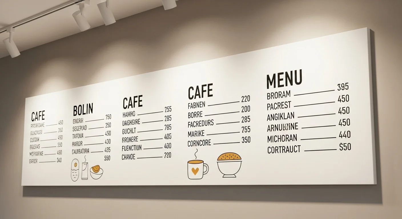 Cafe menu board with prices displayed next to food items, soft lighting
