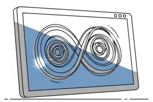 Computer with infinite loop visualization showing endless cycle