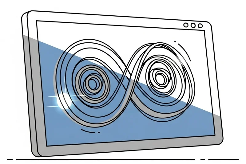 Computer with infinite loop visualization showing endless cycle