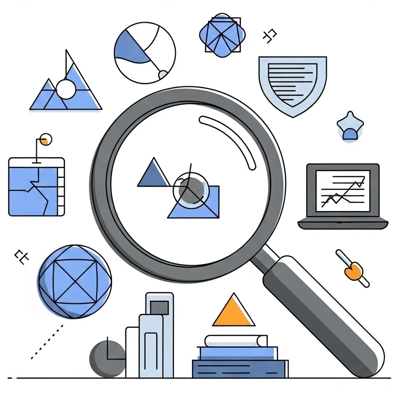 Magnifying glass searching for an element in a set of diverse objects