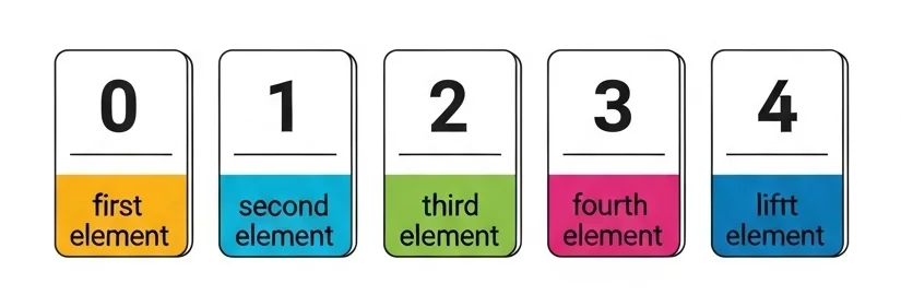 Index cards with numbers 0-4 aligned in a row, with colorful name cards below them showing how Python list indexing works