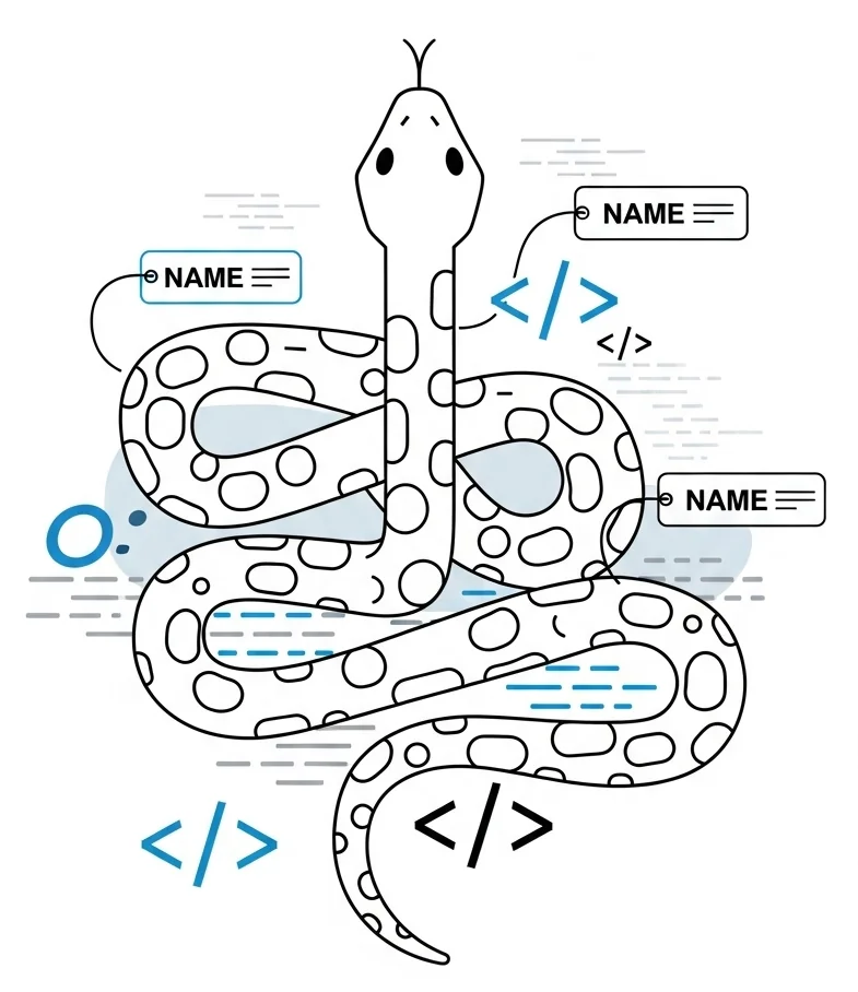 Colorful python snake coiled around computer code symbols, with name tags floating above various parts of the code